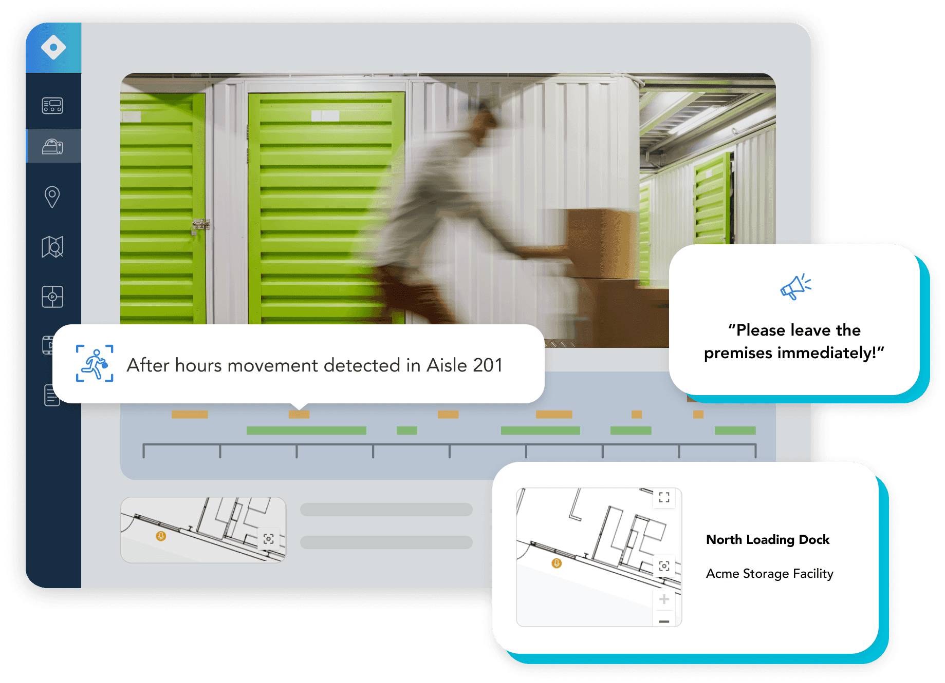 Console screen showing storage facility details with IoT sensors, alerting after-hours movement detection with a siren for security.