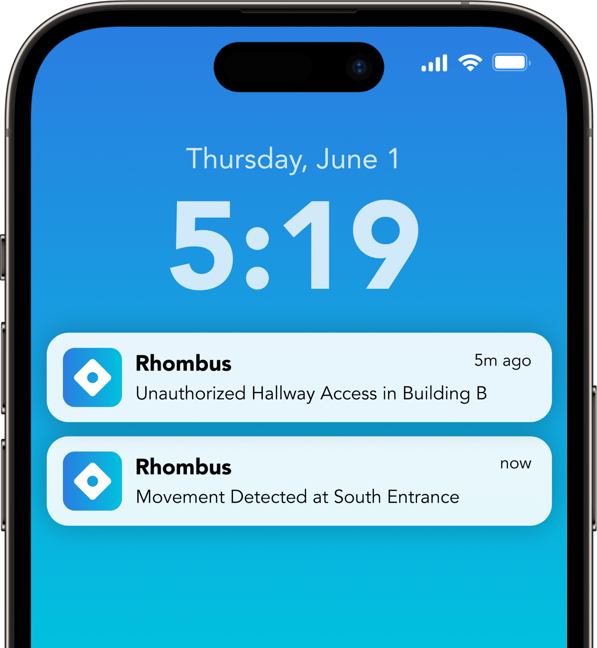 Rhombus security systems sending app notifications to protect your space 24/7