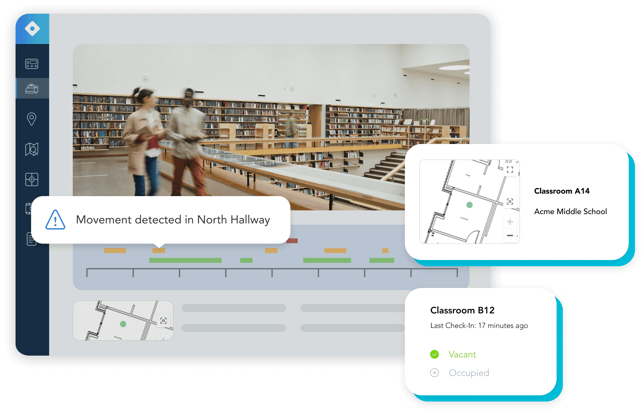 Console screen displaying library environment details via IoT sensors, capturing temperature, humidity, and motion for real-time monitoring.