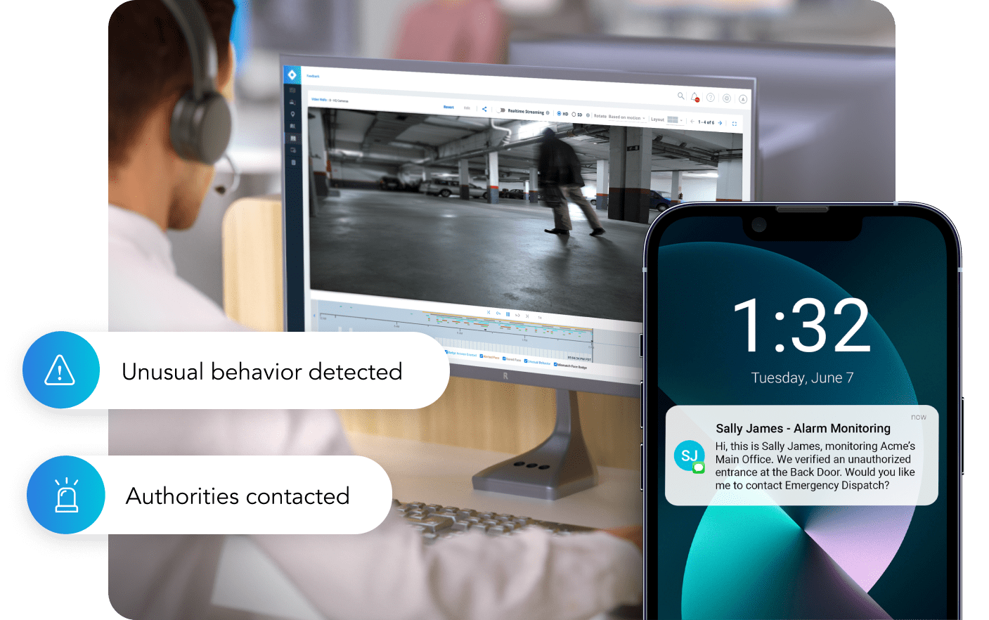 A security personnel monitors unknown activity on a computer, receiving real-time alerts on their phone through Rhombus Alarm Monitoring system