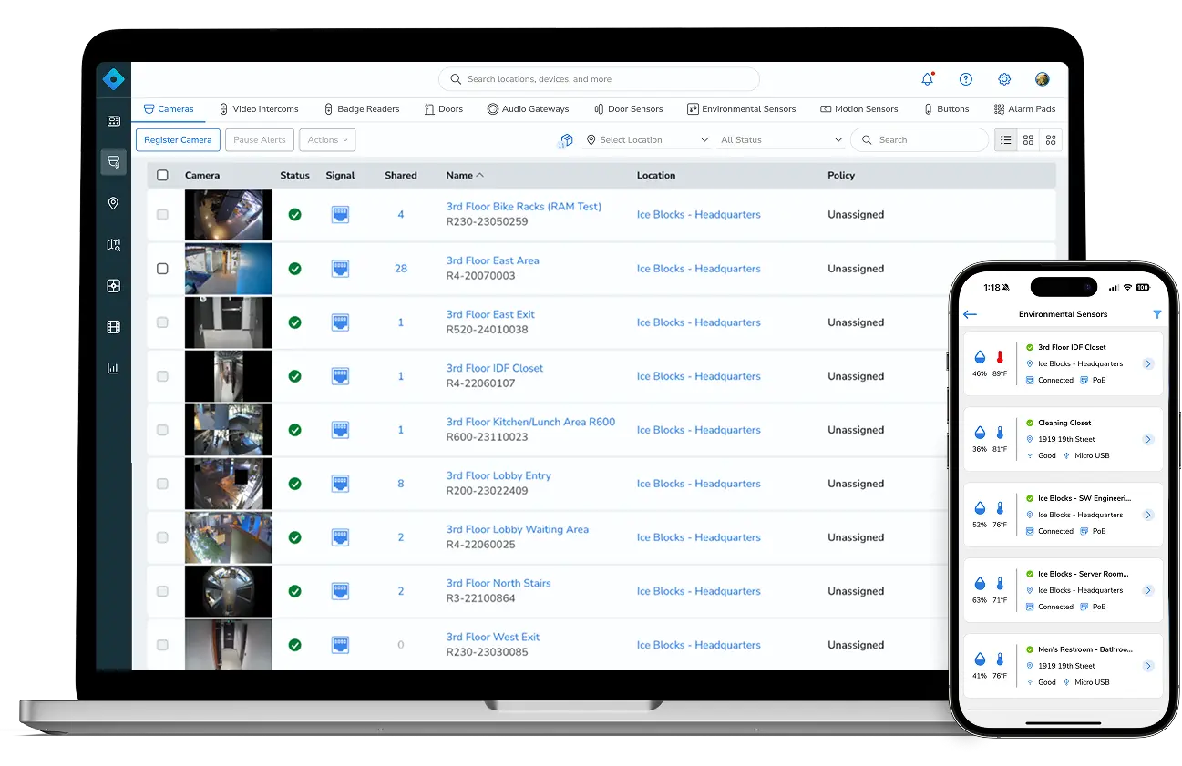 An integrated platform for cameras, access control, and sensors - with remote access via desktop or mobile app - to gain comprehensive visibility into your locations, and simplify user management.