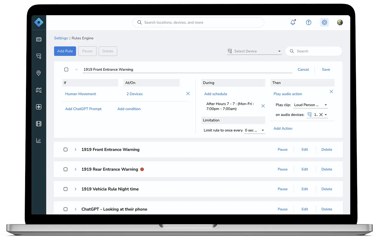 Proactive audio and visual deterrence with automated workflows based on AI threat detection. Configure real-time alerts - via mobile app, text or email - for users and schedules.