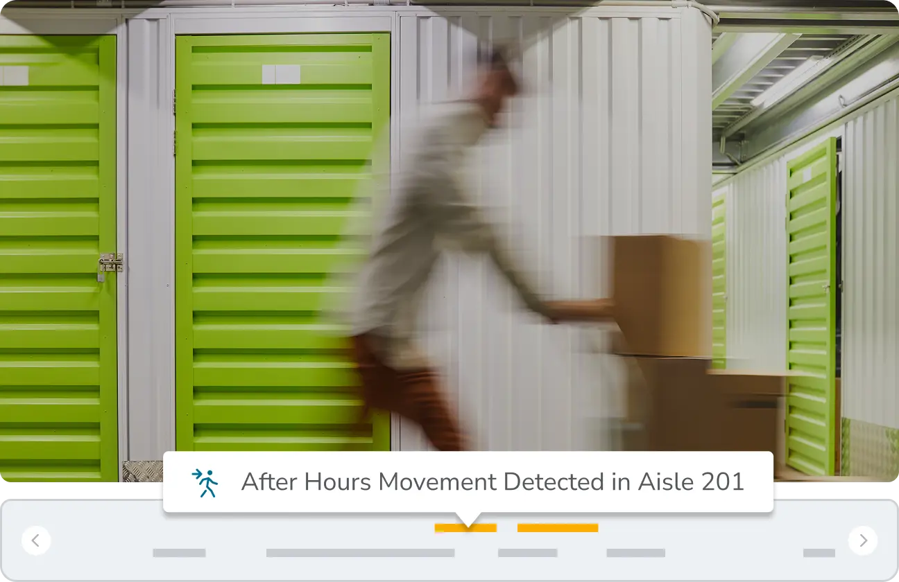 Rhombus alarm system provides business security solutions, detecting movement when a man approaches the self-storage space