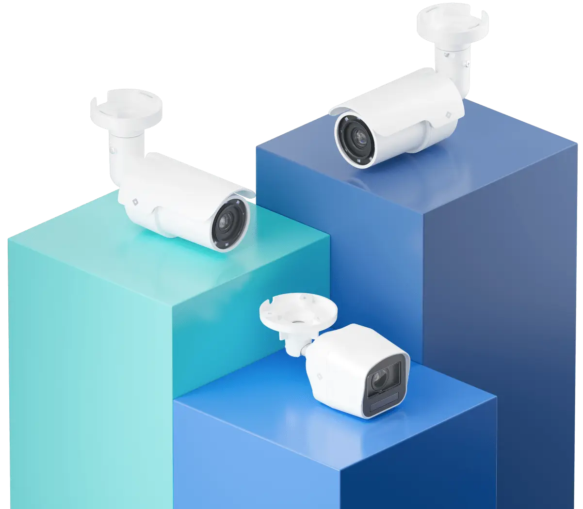 Bullet security cameras with new mini bullet camera on podium