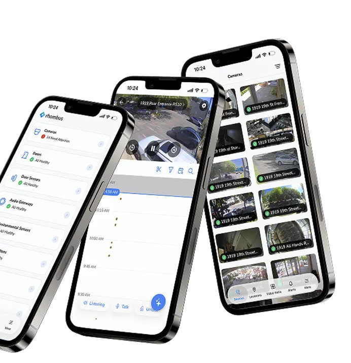 Three mobile phones showing Rhombus' console screens
