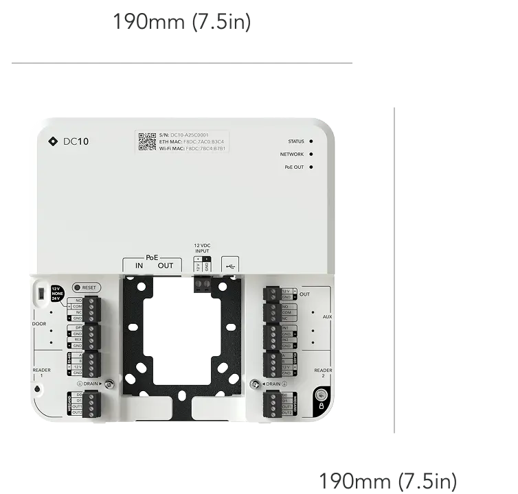 Rhombus DC10 door controller with dimensions displayed. Compact design with easy plug and play and ability to view and review access logs.