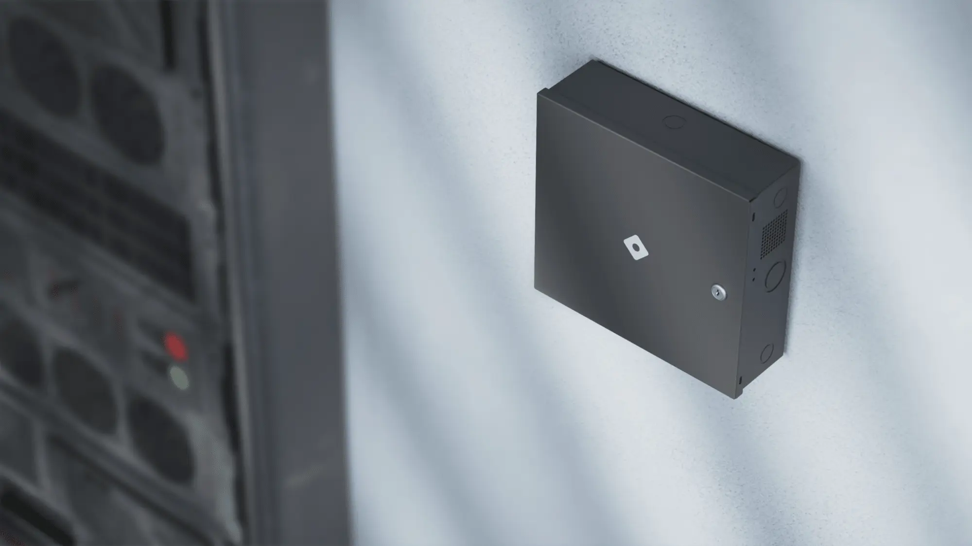 A rhombus DC20 access control device mounted on a wall, ready for continuous duty to monitor site events and manage entry.