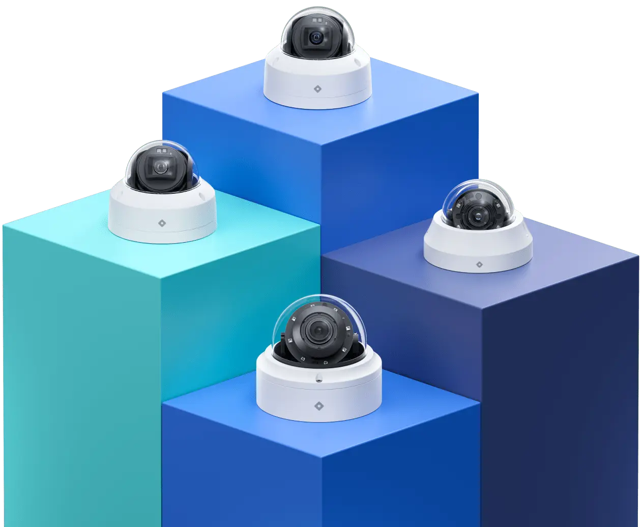 Four high-performance dome surveillance cameras displayed on a podium, highlighting the advanced technology and design of Rhombus dome cameras for enhanced security solutions.