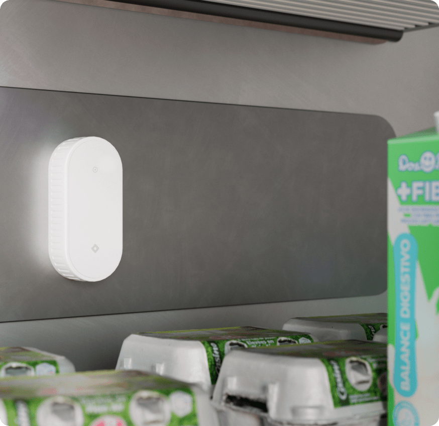 Rhombus E15 environment sensor mounted in cold storage, environmental monitoring temperature (like temperature sensors) and humidity for optimal climate control.