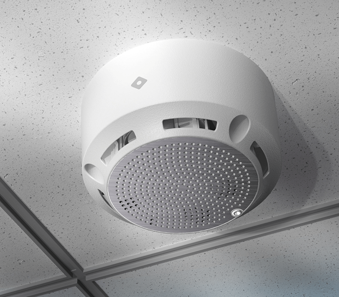 Rhombus E50 environment sensor mounted on ceiling, includes temperature and humidity sensor, and air quality in a data center. The data from E50 sensor is crucial for optimizing cooling systems, preventing hot spots, and maintaining the overall health and efficiency of the data center. Remote monitoring and early detection of environmental hazards enable data center managers to take proactive measures, preventing downtime and reducing energy consumption.