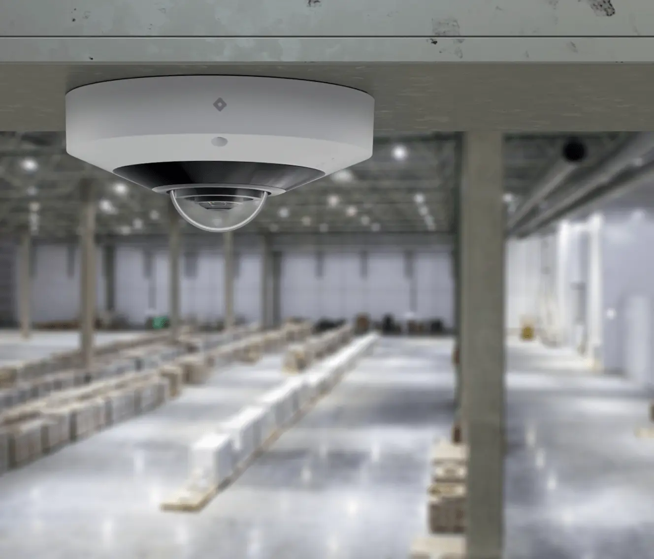 Rhombus fisheye camera installed indoor in a warehouse, offering a fisheye view, NDAA compliance, and compatibility with many IP cameras.