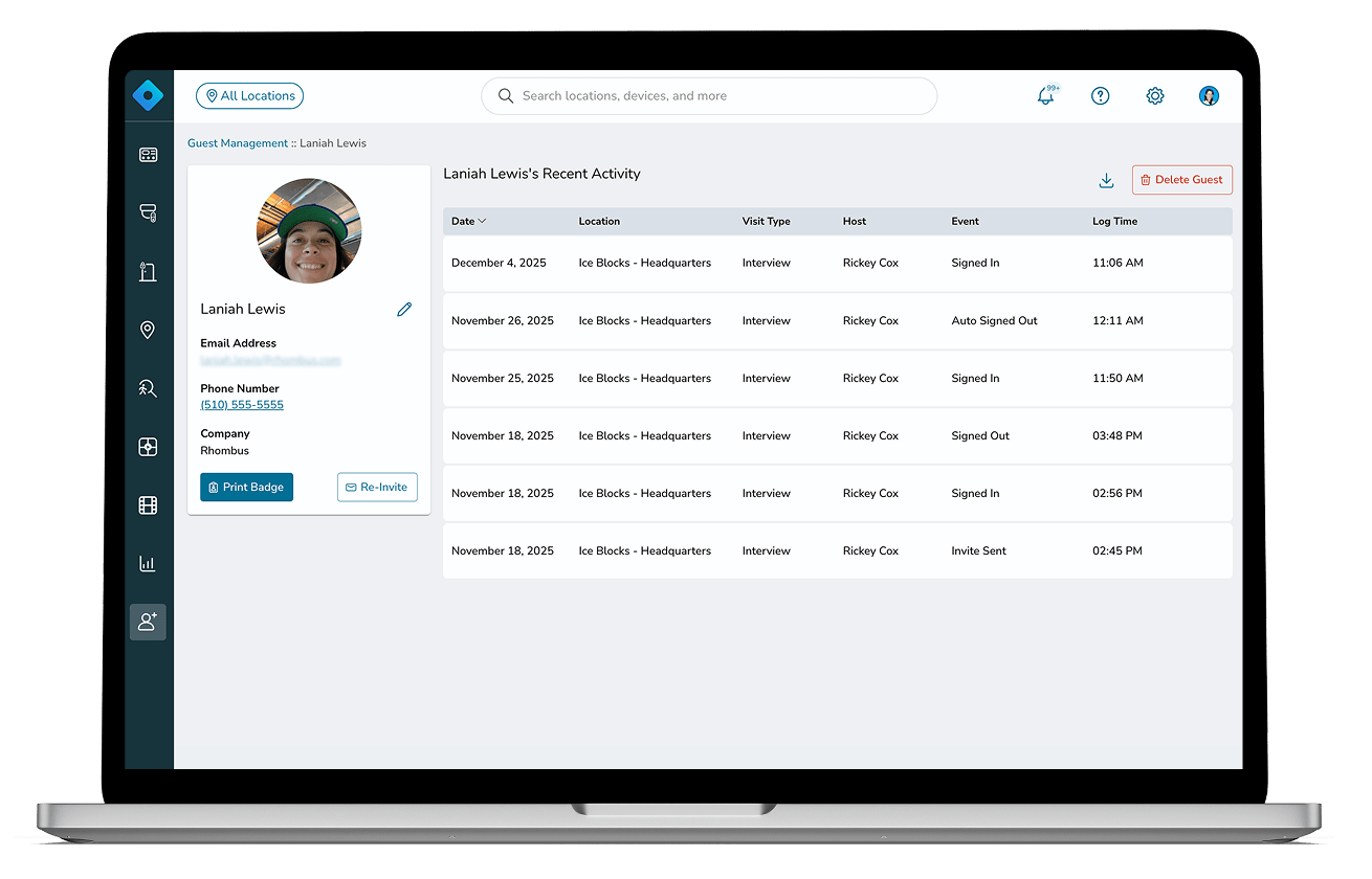 Console timeline logs provide comprehensive documentation of all guest entries and exits for compliance and security auditing. Check real-time status of guests on property and gain visibility into upcoming appointments.