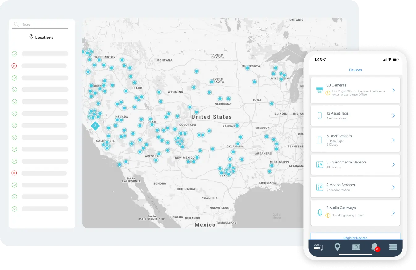 a laptop and a phone showing the Rhombus console, with a map of locations