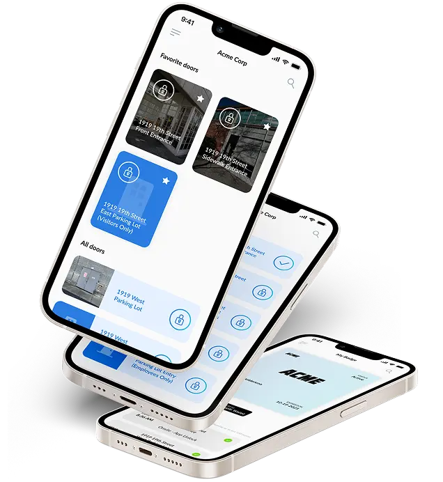 Three mobile phones showing Rhombus' console screens