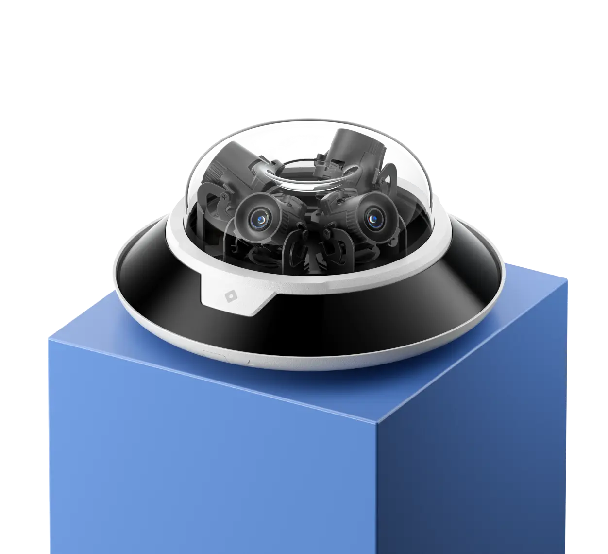 Rhombus multisensor security camera displayed on a podium.