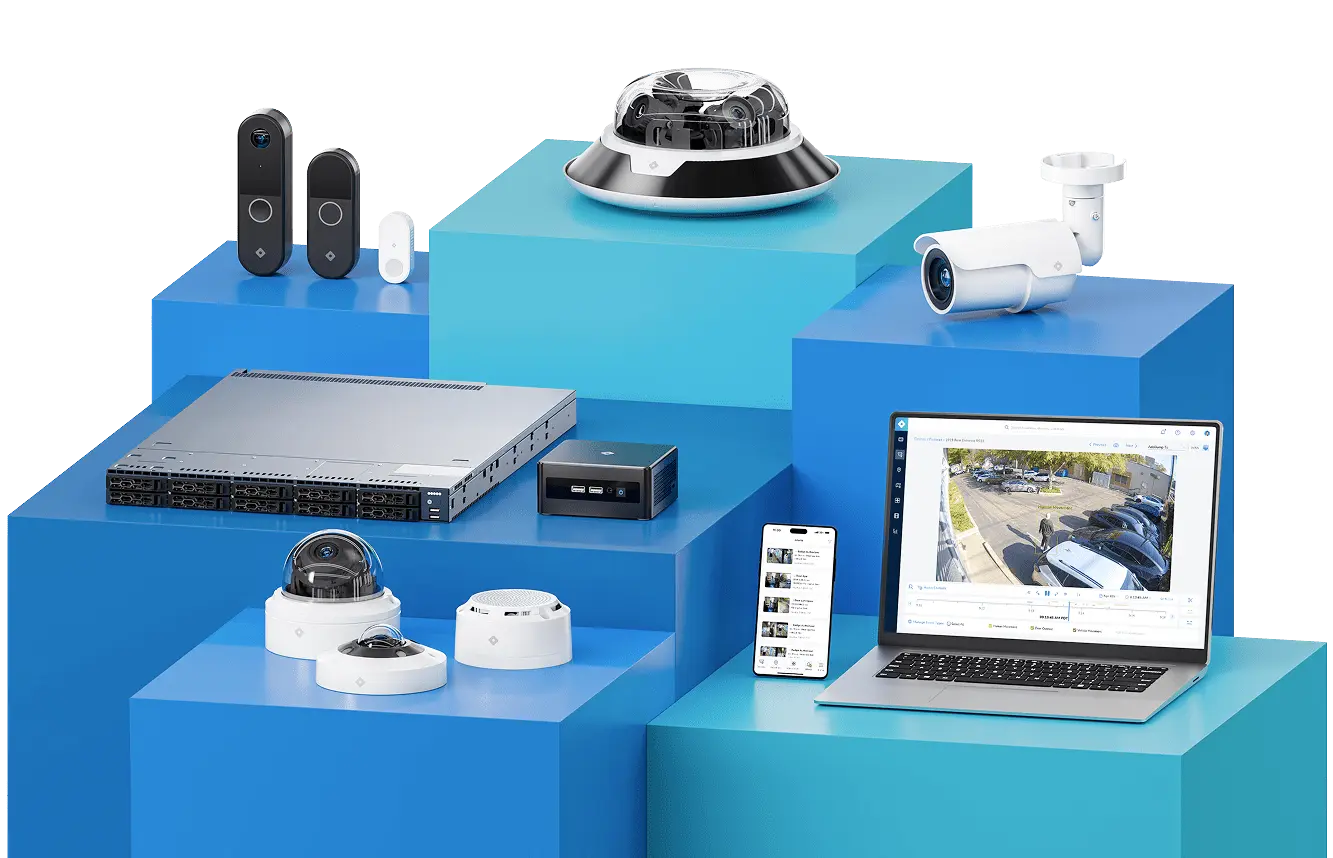 Display of all Rhombus products, including cameras, iot sensors, and access control, showcasing comprehensive security solutions.