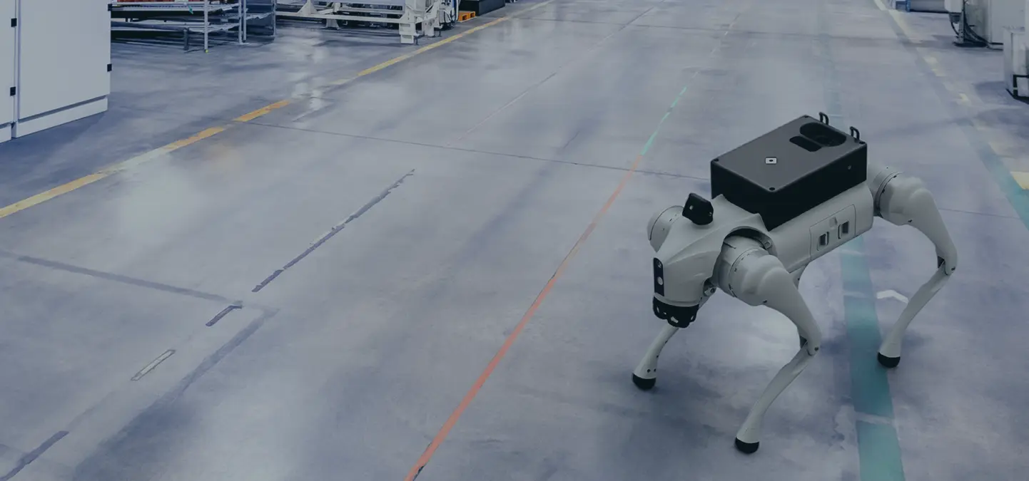 Rhombus recon robot in action monitoring a warehouse floor