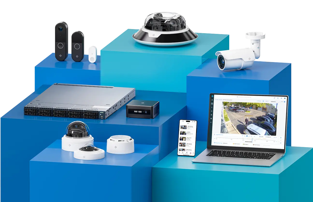 Display of all Rhombus products, including cameras, iot sensors, and access control, showcasing comprehensive security solutions.