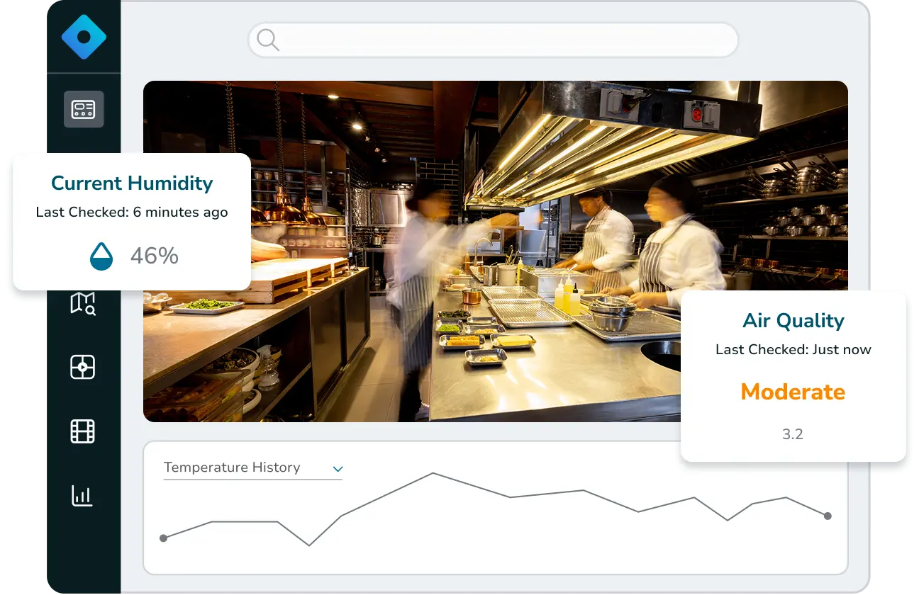Kitchen equipped with IoT sensors for monitoring temperature and humidity, enhancing food safety through advanced IoT applications.