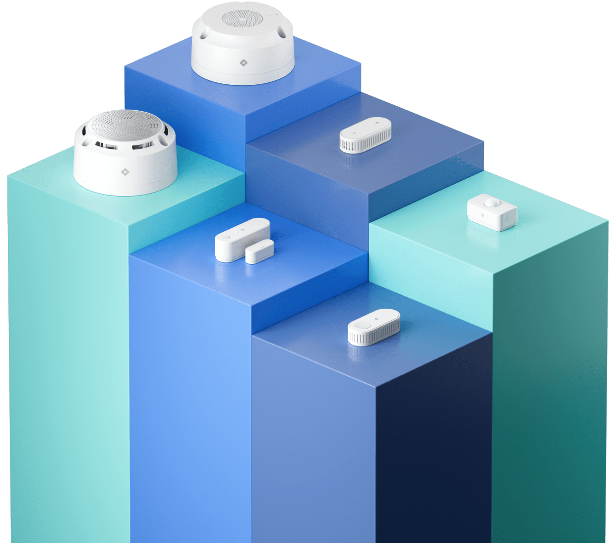 Display of various Rhombus IoT sensors on a podium, showcasing proximity, temperature, pressure, and infrared sensors for diverse applications.