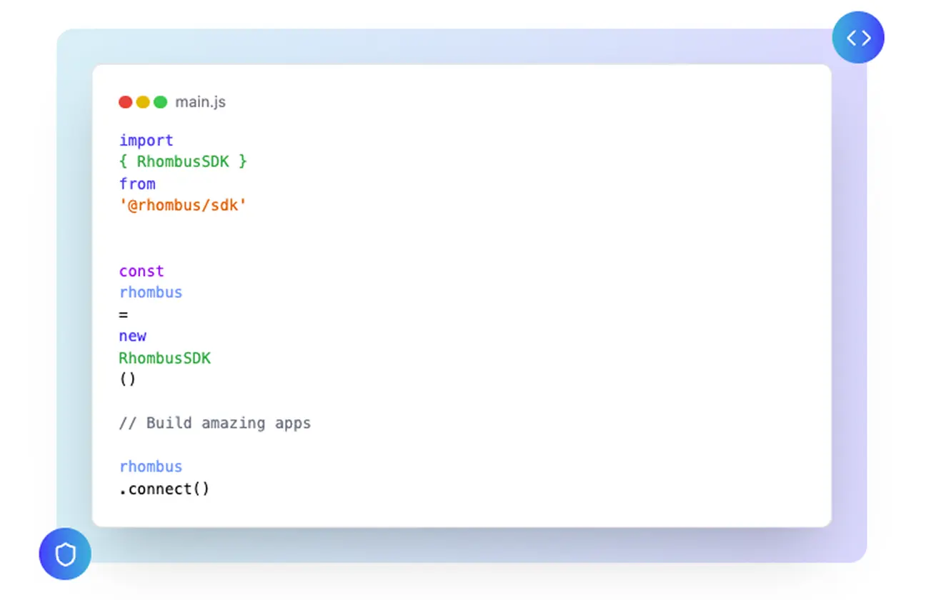 JavaScript code example importing and initializing the Rhombus SDK and calling its connect method.