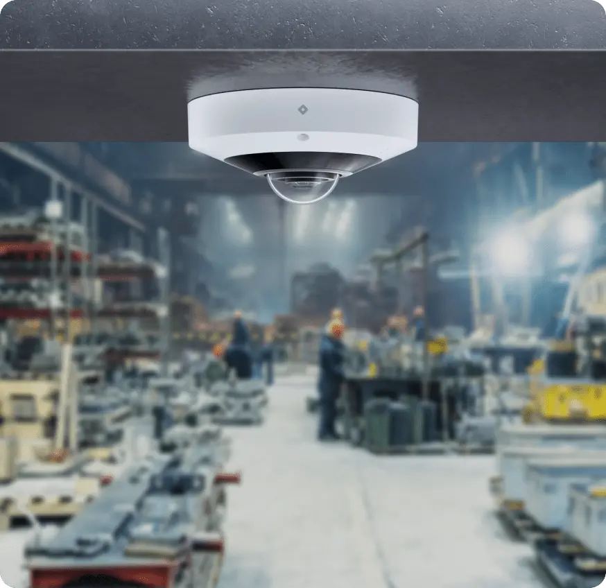 Rhombus fisheye camera on a ceiling, featuring a fisheye lens to enhance security with wide-angle IP camera capabilities.