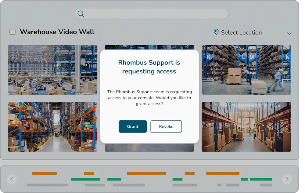 the Rhombus console with a pop up from support requesting access