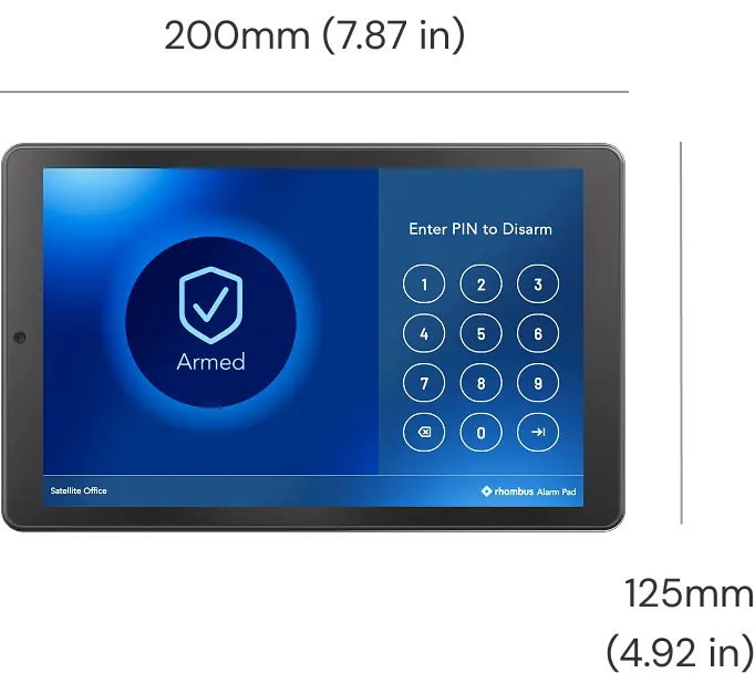 Rhombus TS10 Alarm Pad with dimensions displayed.