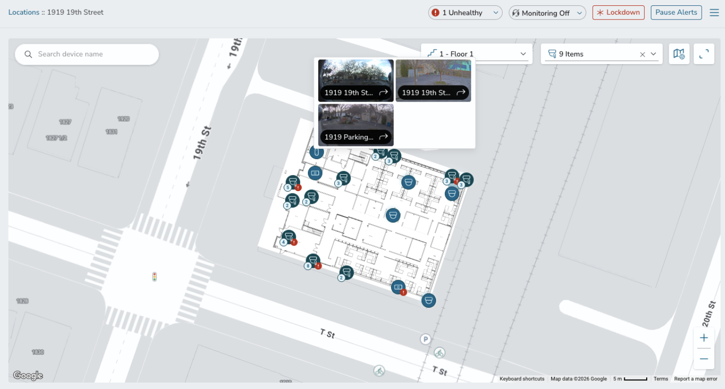 Rhombus Console - Map View Screenshot of the Rhombus Console showing map view