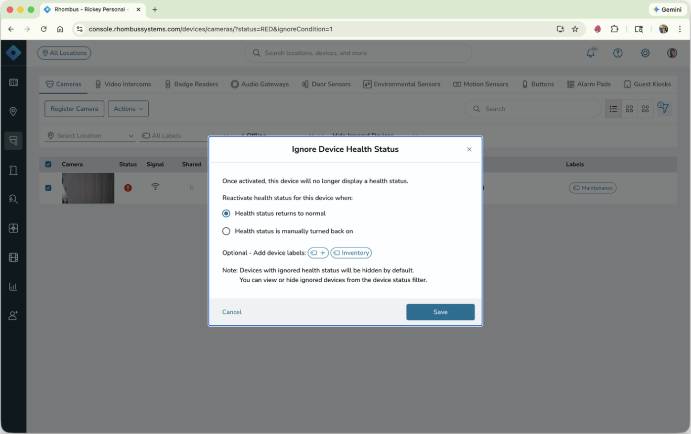 Rhombus Console - Device Management Screenshot of the Rhombus Console showing device management