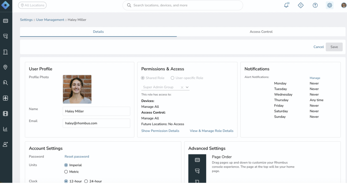 Rhombus Console - User/Role Management Screenshot of the Rhombus Console showing user/role management