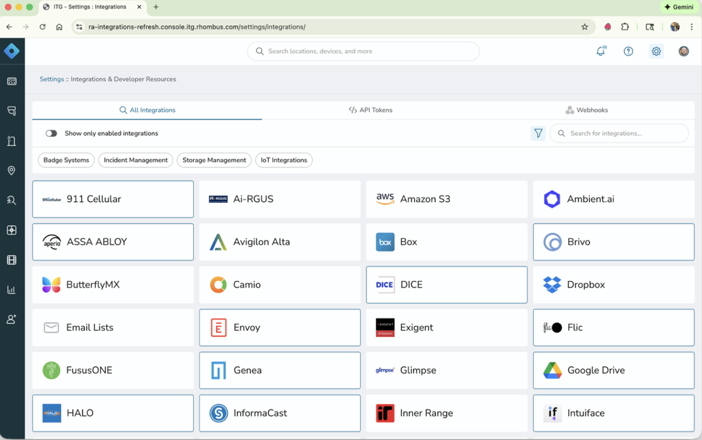 Rhombus Console - Integrations Screenshot of the Rhombus Console showing integrations