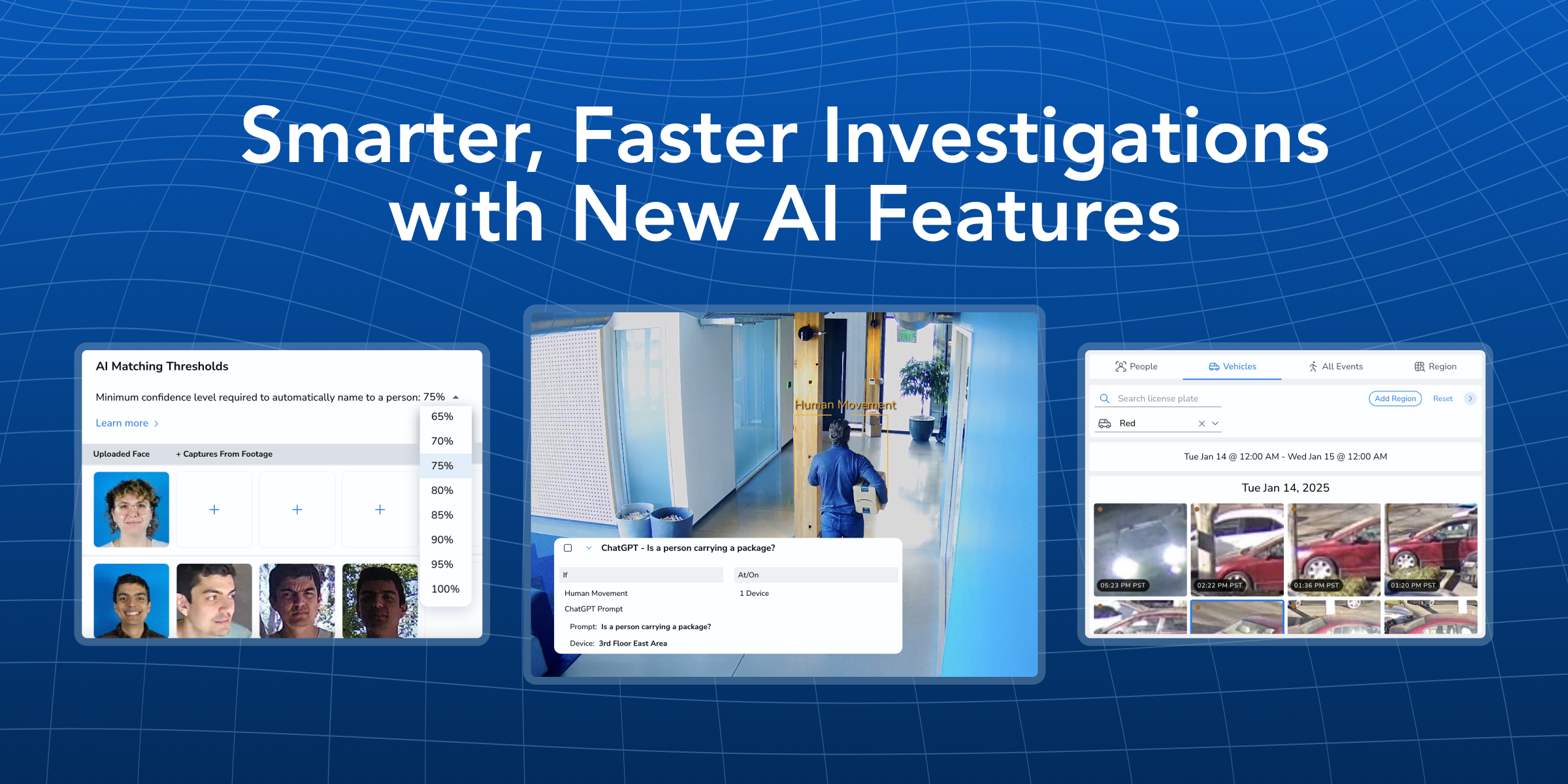 Image introducing three new AI Features for Rhombus. Includes three screen shots of each feature: ChatGPT Integration, Faces 2.0, and Combined Event Search.