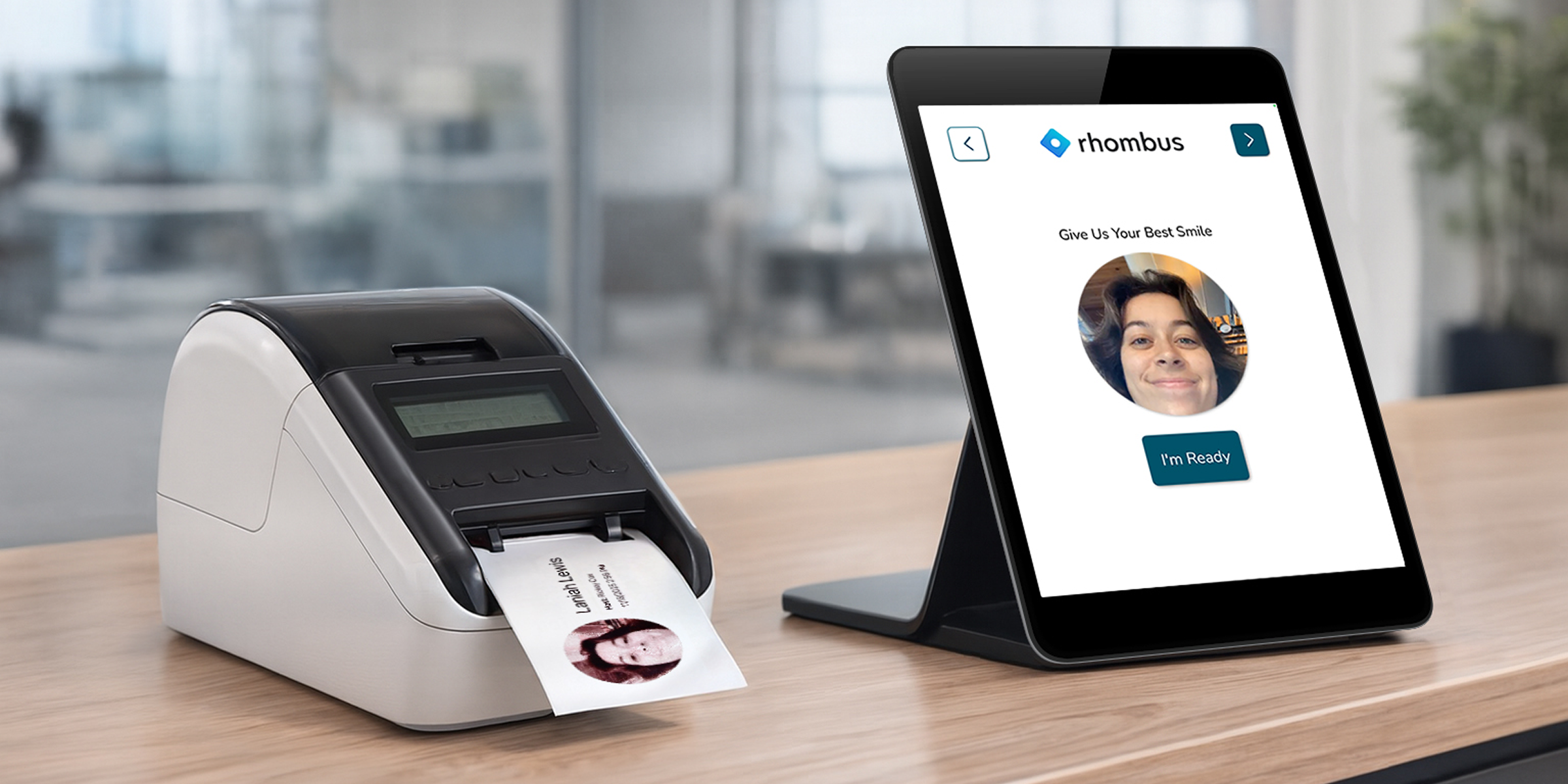 Image of Rhombus Guest Management iPad and Brother Printer with Printed Name Tag. Image of Rhombus Guest Management iPad and Brother Printer with Printed Name Tag.