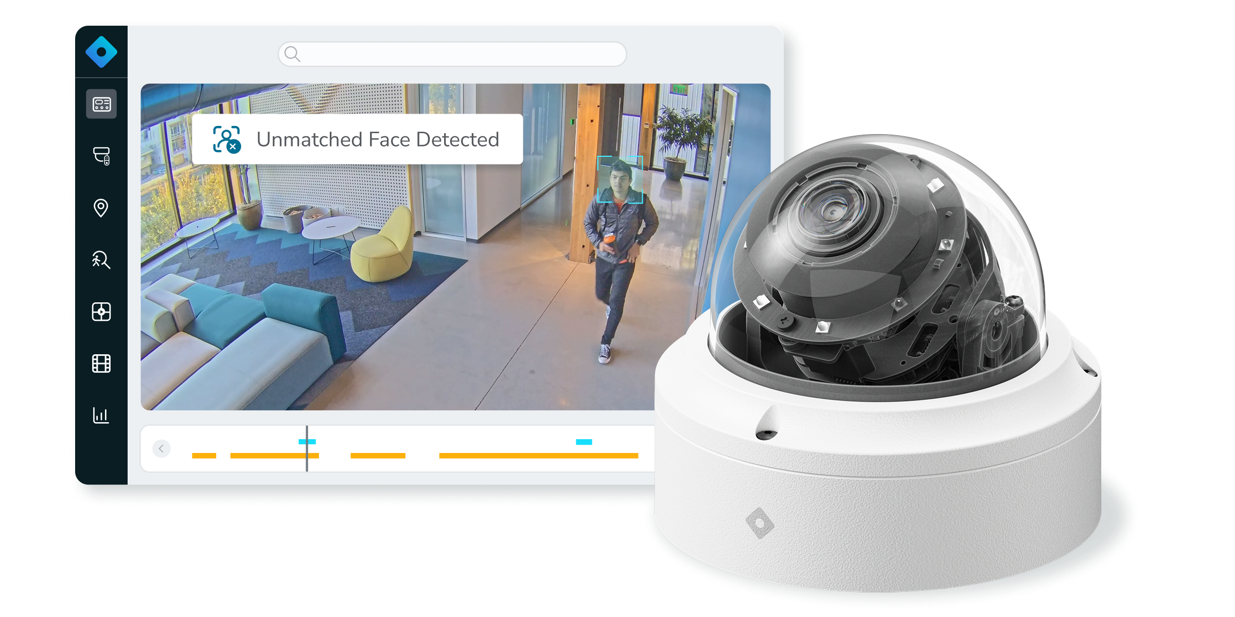 R410 Dome Camera and AI Detection Image of R410 Dome Camera and Rhombus Console and Timeline.
