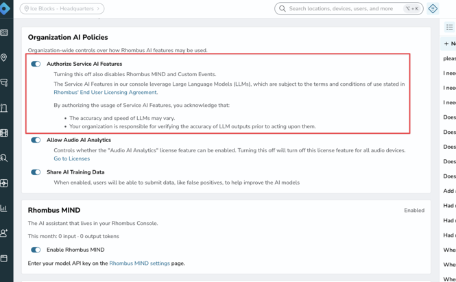How Admins can toggle on Rhombus MIND advanced AI features How Admins can toggle on Rhombus MIND advanced AI features