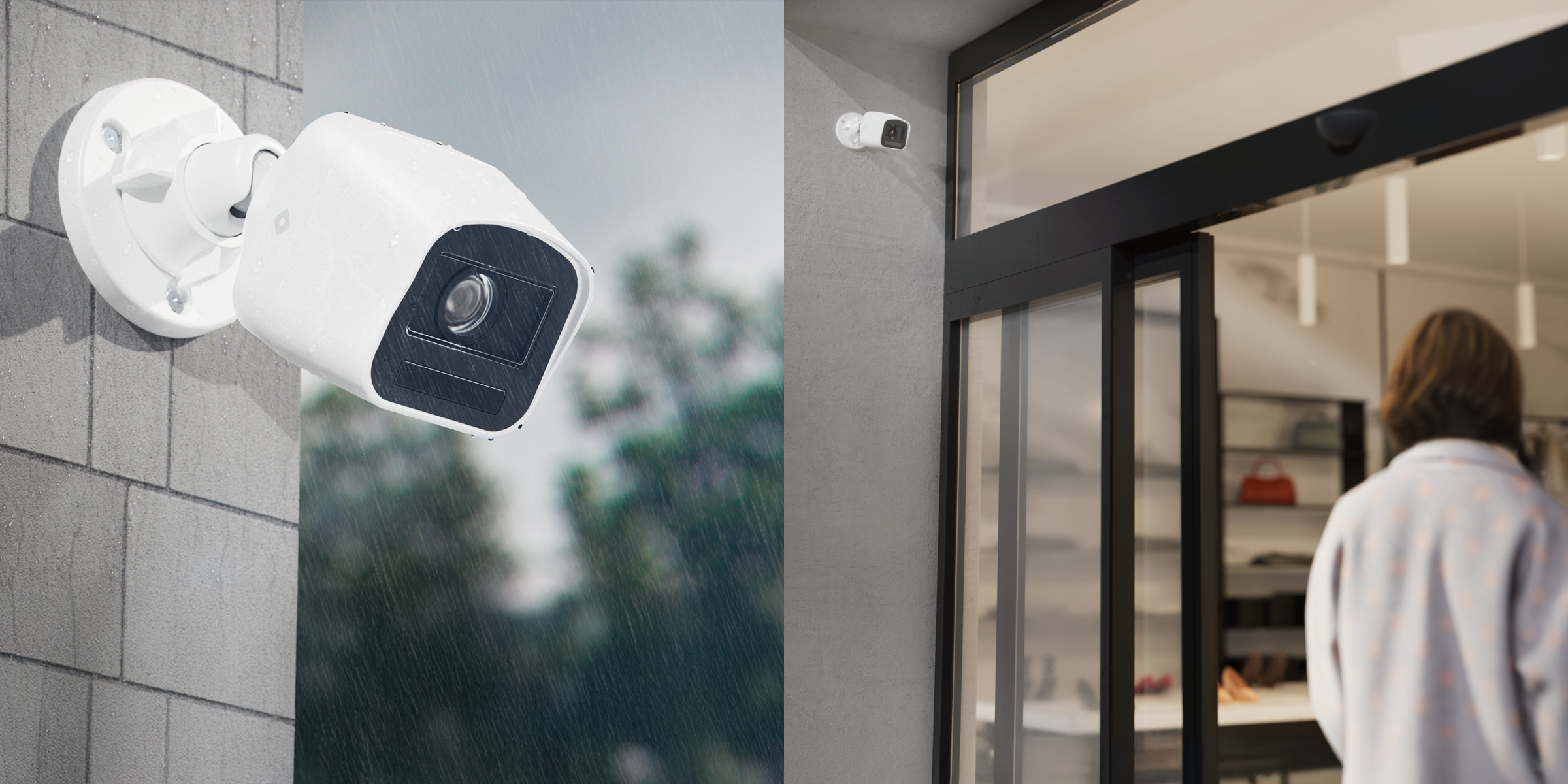 The R520 mini 5MP bullet camera, mounted on a wall outside a storefront, monitors access points and provides long-range visibility in outdoor locations