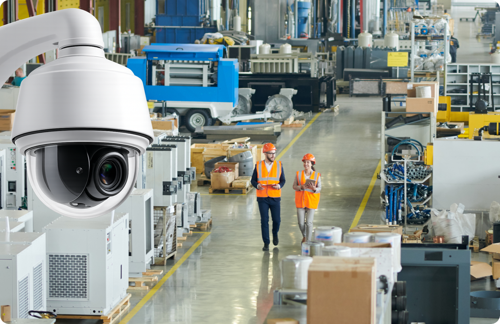 A PTZ dome camera with the rhombus logo