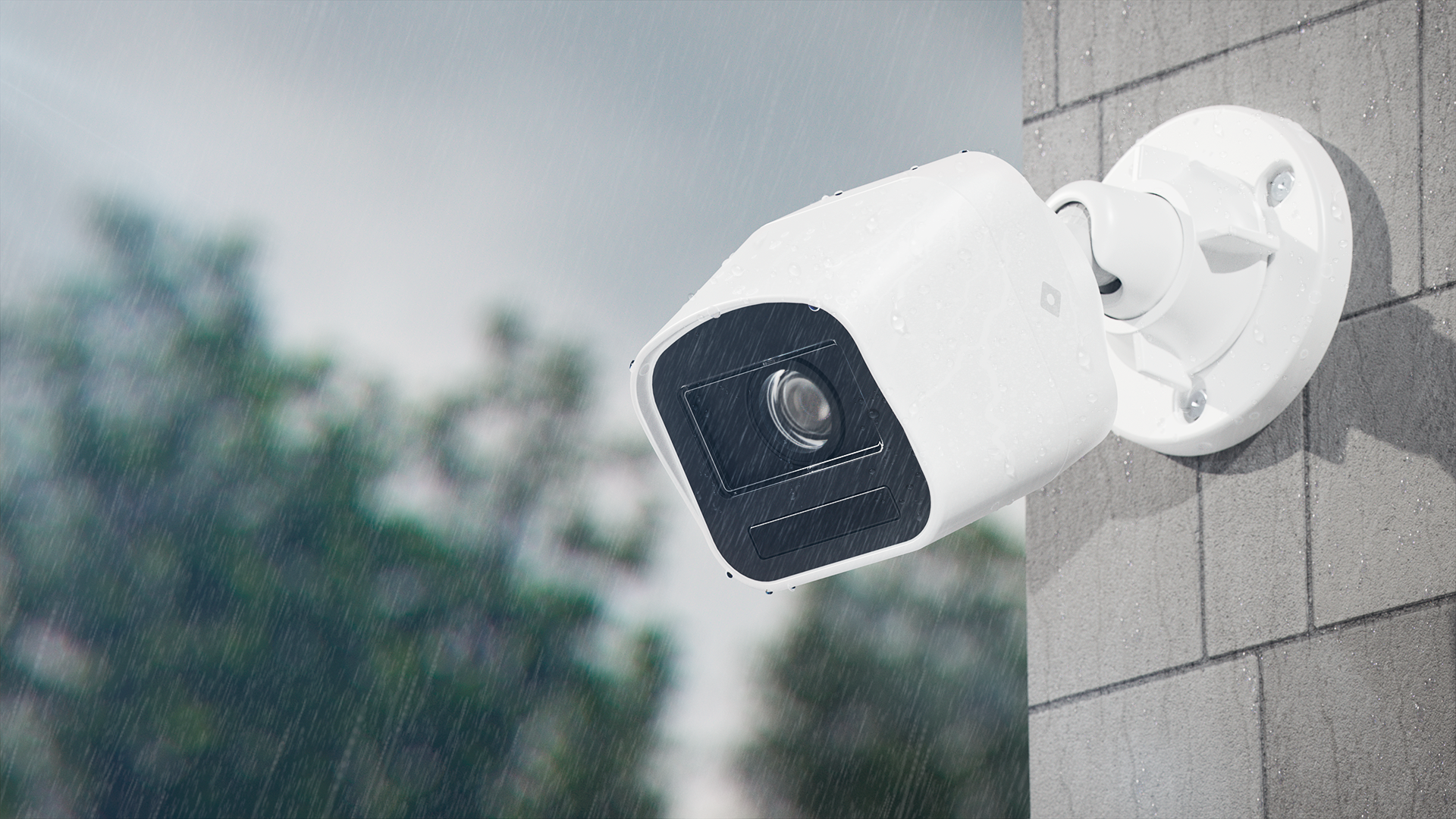 The R520 mini 5MP bullet camera, mounted on a wall in the rain, monitors access points and provides long-range visibility in outdoor locations