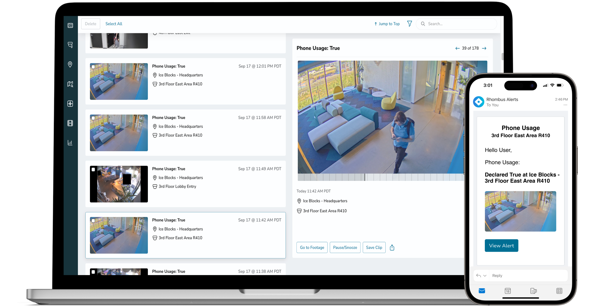 Alerting on Custom Events Rhombus Console captures custom event "Phone Usage" and sends alert.