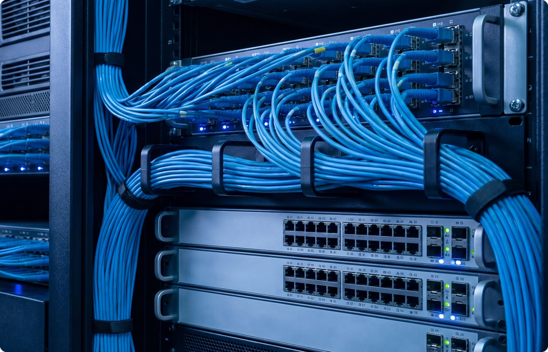 networking cables plugged into switches