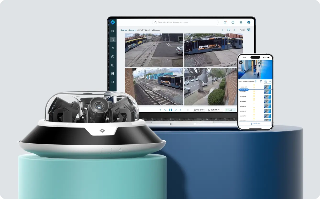 Rhombus multisensor camera, app, and dashboard displayed on podiums