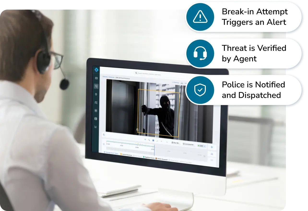 A security personnel monitors unknown activity on a computer, receiving real-time alerts on their phone through Rhombus Alarm Monitoring system