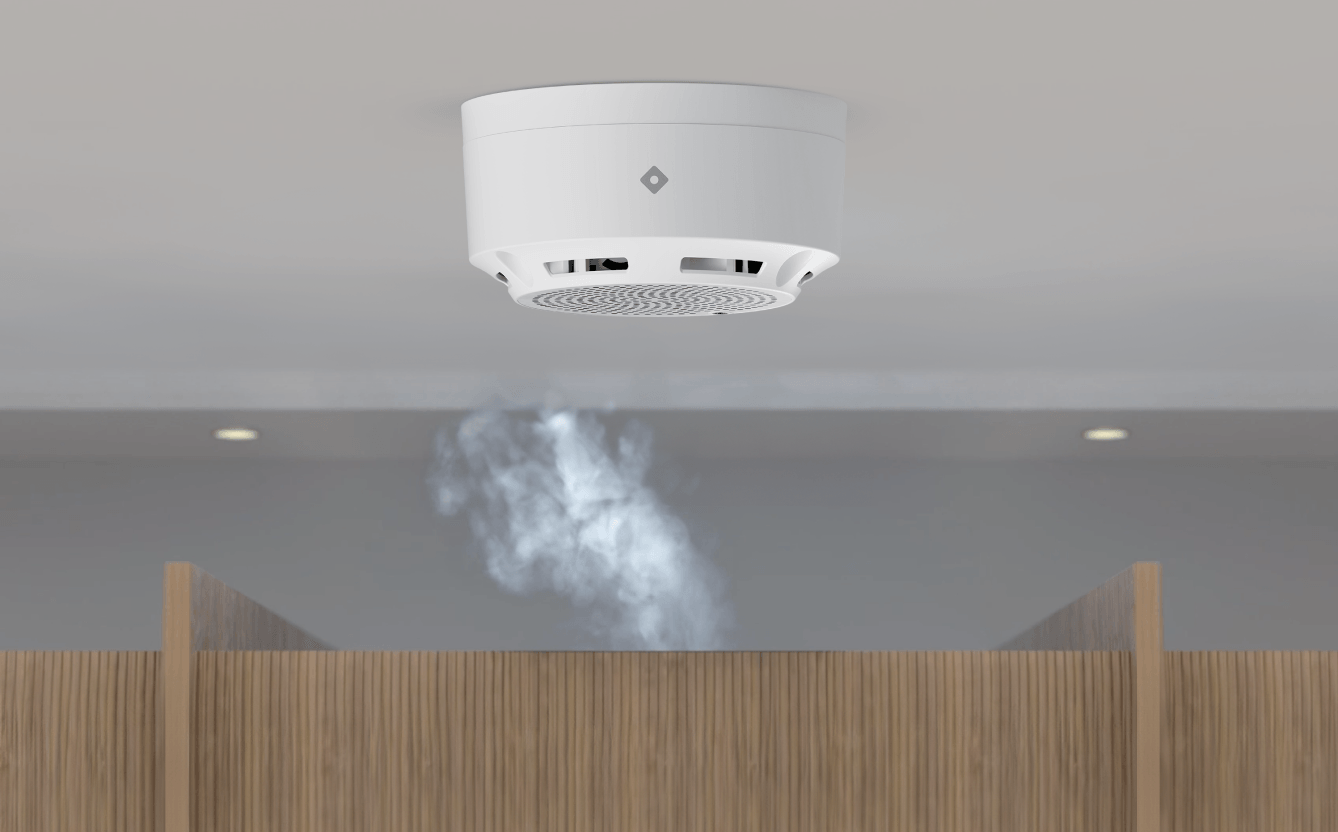 Rhombus E50 environmental sensor detecting vape in a restroom, indicating air quality changes with real-time alerts.