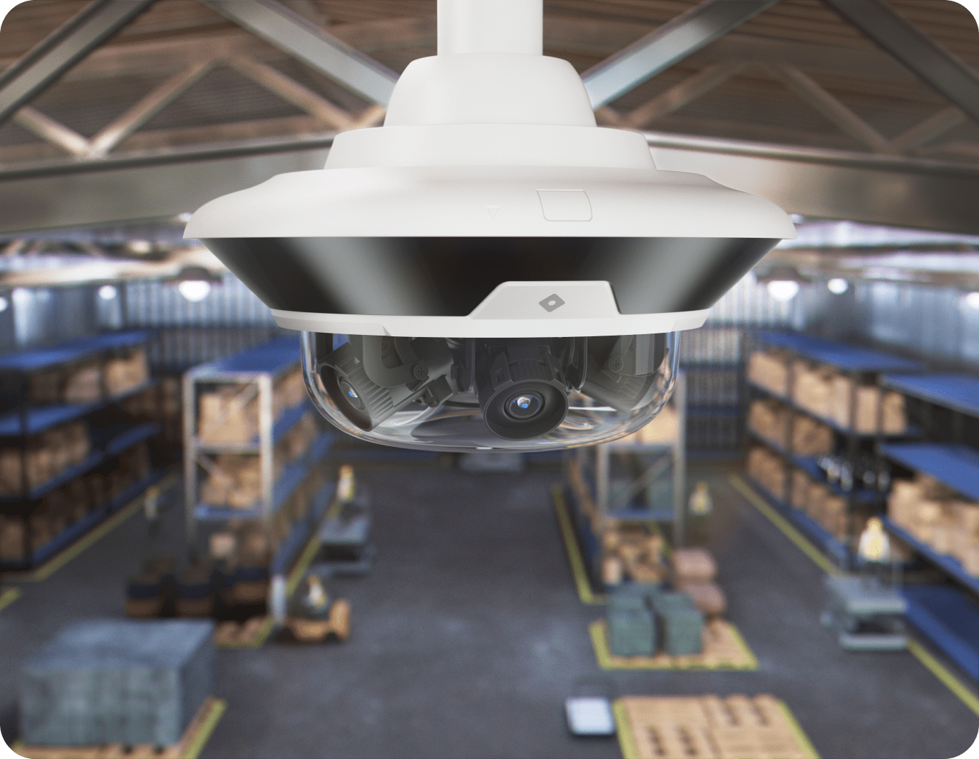 Rhombus multisensor camera, one of the advanced security camera systems mounted on the ceiling of a large storage facility