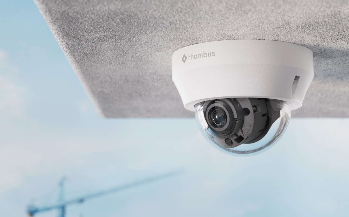 Rhombus security camera mounted on a wall 