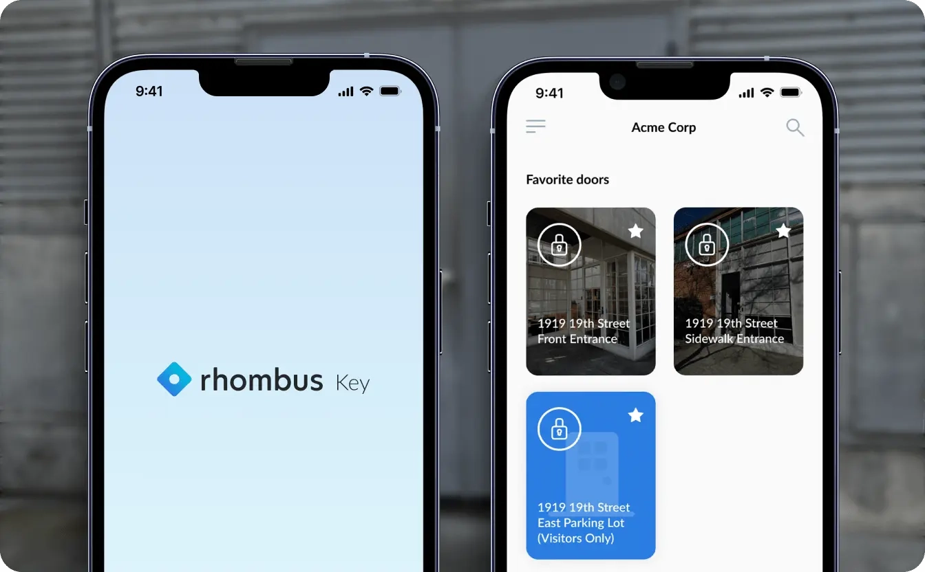 Rhombus Key app displayed on a mobile device for access control system, illustrating its role in modern access control systems. The app highlights key features such as mobile credentials for easy entry and real-time monitoring, showcasing the key benefits of streamlined access management. This system ensures that only authorized personnel can unlock doors, enhancing security and efficiency in building access.