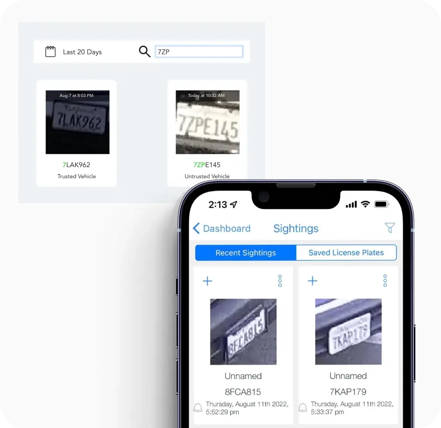 Mobile screen displaying high-quality license plate images captured by outdoor bullet security cameras, showcasing long-range detail and night vision