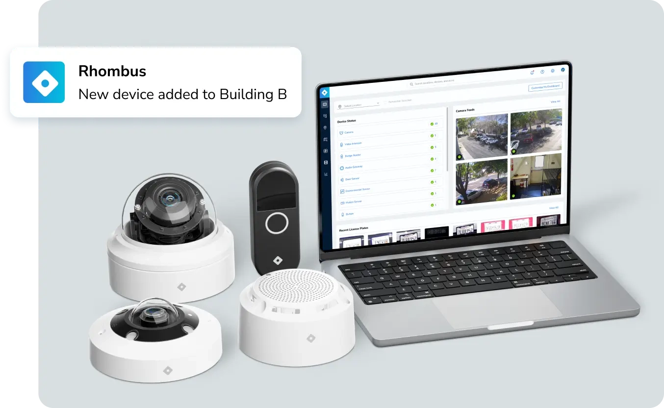 suite of Rhombus products and Rhombus console on laptop showing tht a new device has been added