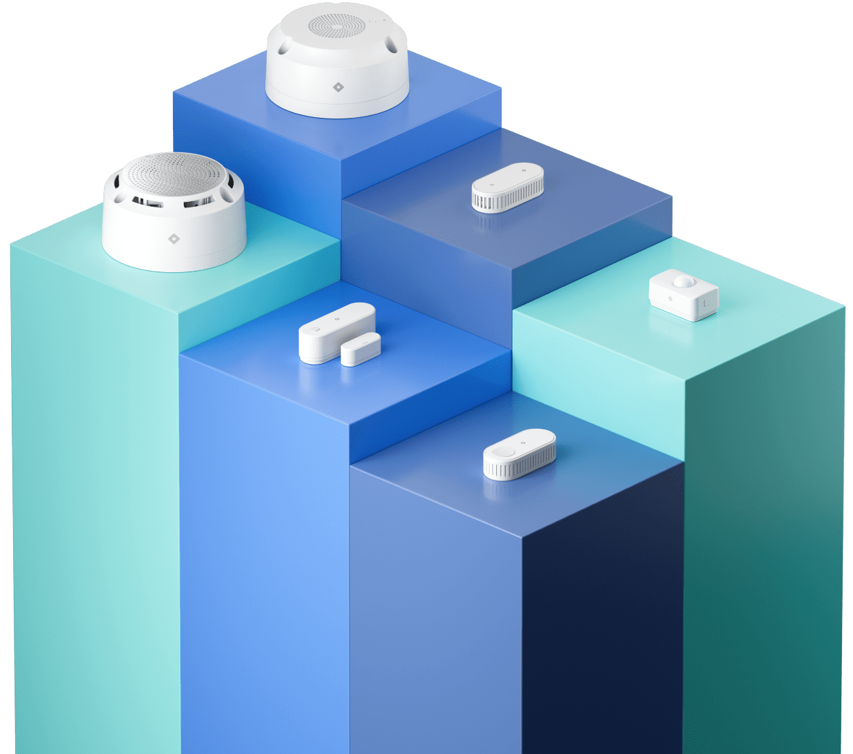 Display of various Rhombus IoT sensors on a podium, showcasing proximity, temperature, pressure, and infrared sensors for diverse applications.